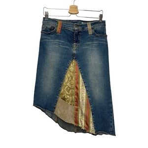 Allen B Y2K Asymmetrical Denim Skirt sz 29 Patchwork Ribbon Boho Distressed‎